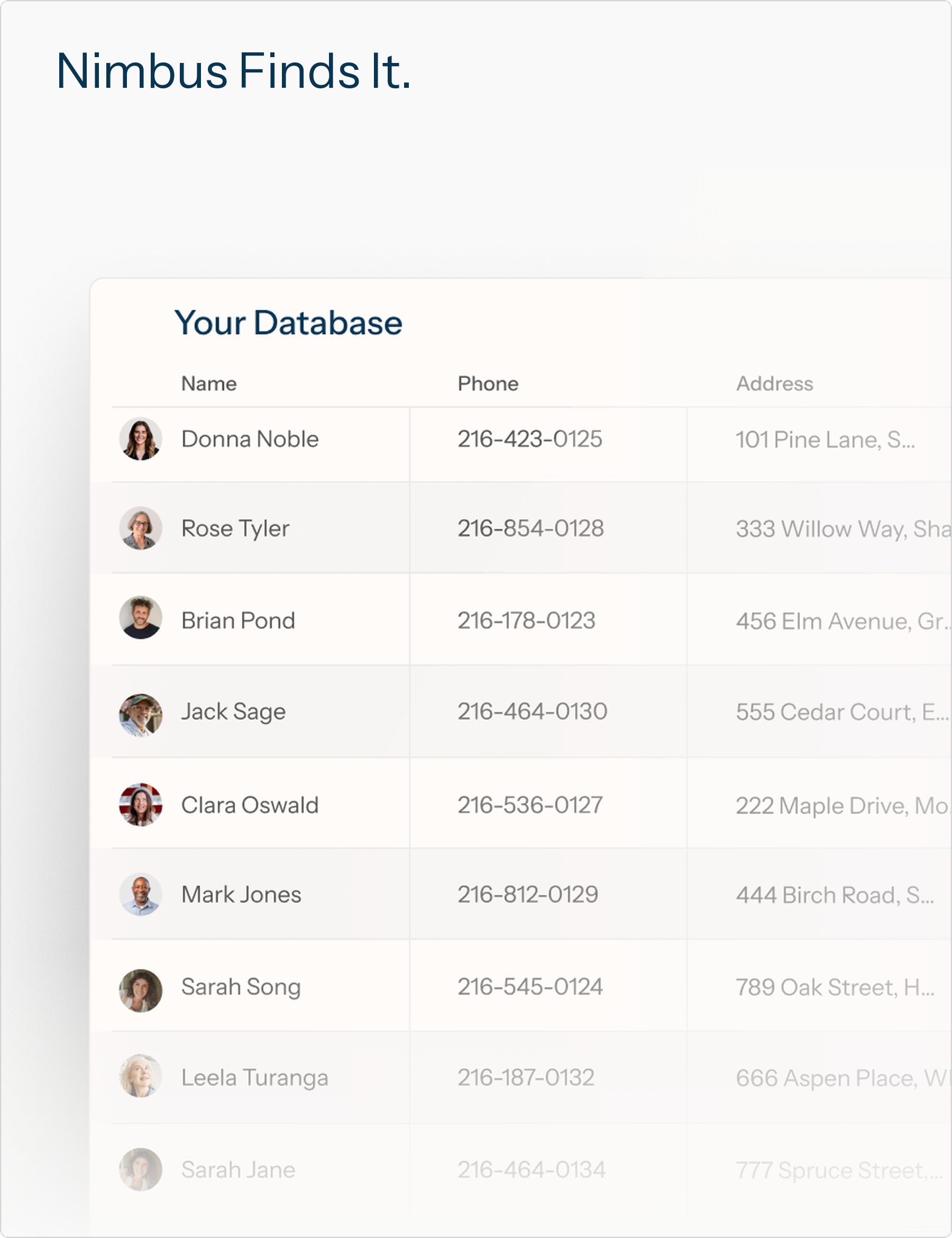Nimbus finds it — your database surfaced as a clean, enriched table of contacts with names, phone numbers, and addresses.
